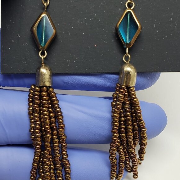 Women's Old Gold-tone - Brown Beads Fringed Drop Dangle Earrings with Blue Stone - Picture 6 of 6